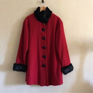 Vintage Red Coat with Rabbit Black Fur Trim